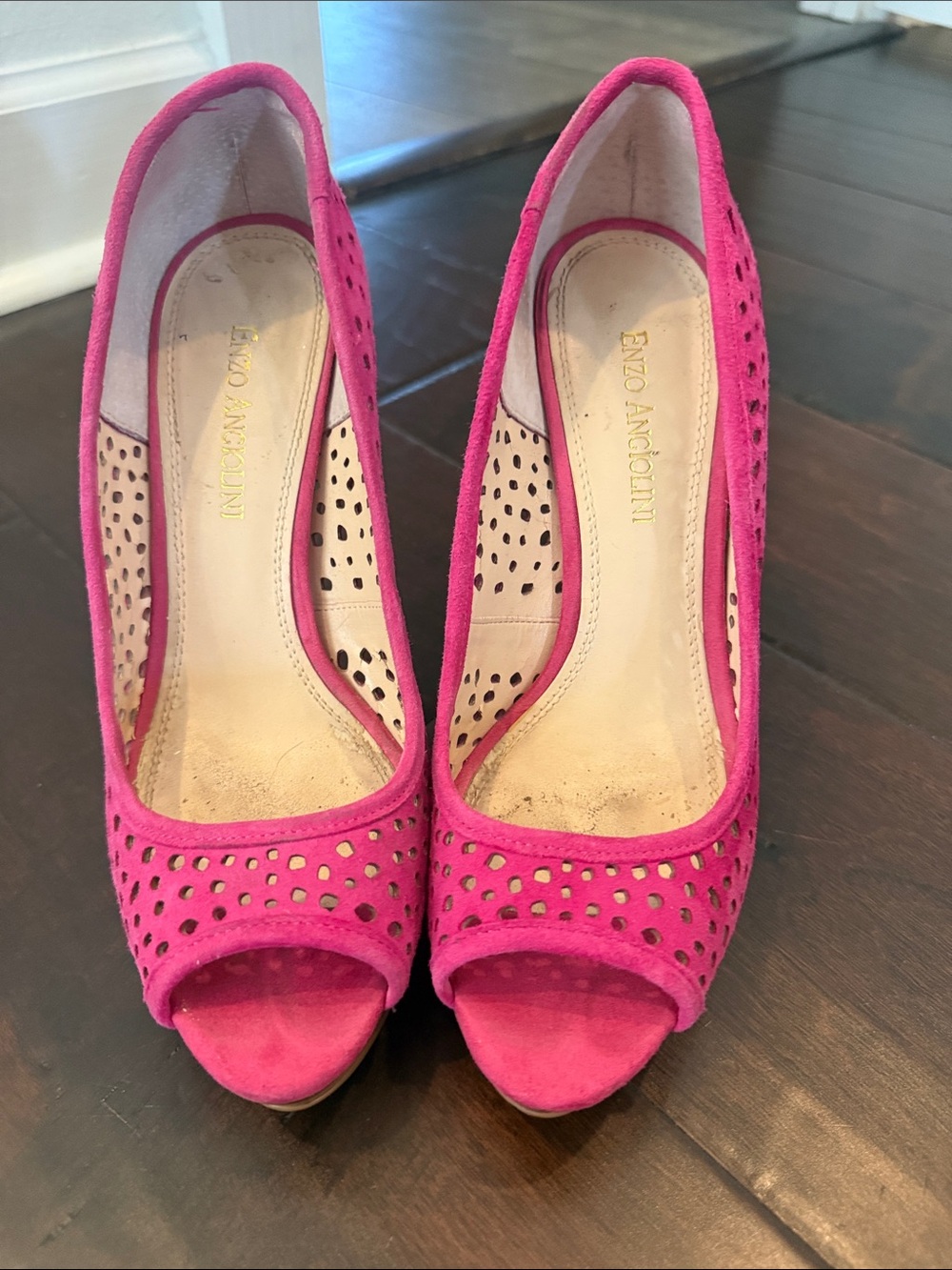 Enzo Angiolini Fuchsia Suede Peep-Toe Pumps